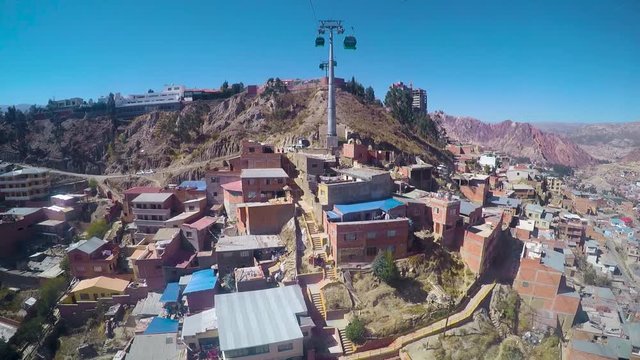 The Mi Teleférico cable car system running over a local soccer field in La Paz, Bolivia, South America. Filmed with a GoPro Hero 4 Black suction cupped to the window.