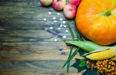 corn cob and apples, pumpkin and Rowan on wooden background 