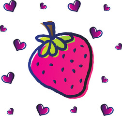 strawberry doodle sketch with funy gradient color and love pattern as a background
