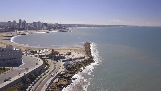 Torreon del Monje coast of Mar del Plata Argentina &ndash; 4k drone video of the Argentinian coast and downtown area of Mar del Plata Casino Central in spring time.  Buenos Aires Capital Federal district  