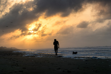 Silhouette man walks dog at sunrise on Folly Beach