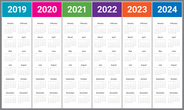 Year 2019 2020 2021 2022 2023 2024 calendar vector design template