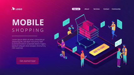 Isometric users buying with tablets and shopping cart with boxes landing page. Online store and buy, e-commerce, mobile marketing concept. Ultra violet background. Vector 3d isometric illustration.