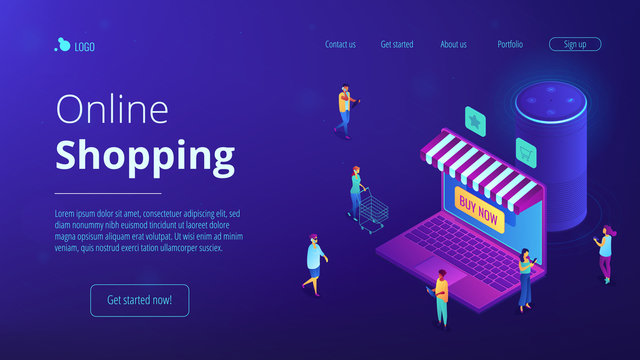 Isometric users buying in online store, laptop screen and voice assistant landing page. Online shopping and service, mobile marketing concept. Blue violet background. Vector 3d isometric illustration.