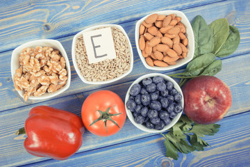 Vintage photo, Natural products or ingredients as source vitamin E, minerals and dietary fiber