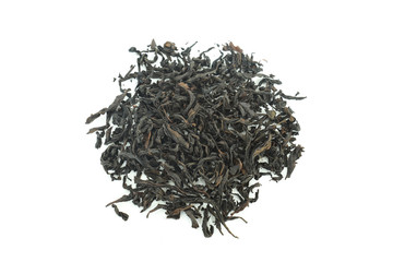 Heap of dried green tea on white background