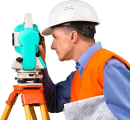 Portrait of a Land Surveyor Working with Modern Theodolite