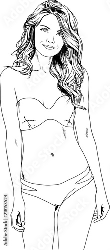 Beautiful Slim Girl In A Swimsuit Drawn In Ink By Hand On A