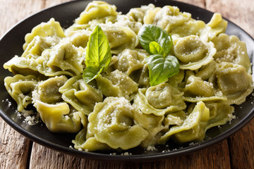 Italian green spinach cappelletti, ravioli, tortellini stuffed with meat and parmesan cheese and basil close-up on a plate. horizontal