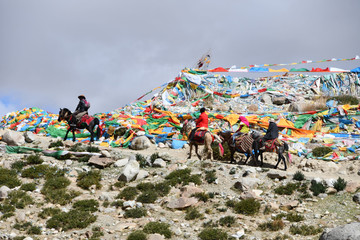 Dorchen, Tibet, China. Man with a horse  making parikrama around Kailas in Tibet