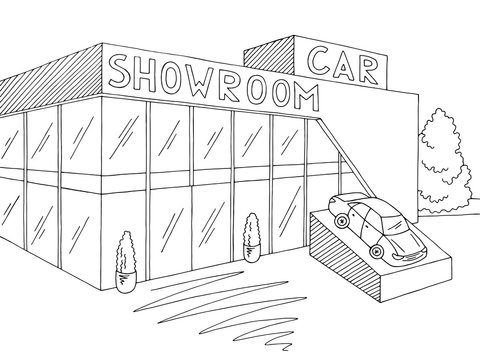 Car showroom graphic exterior black white store sketch illustration vector