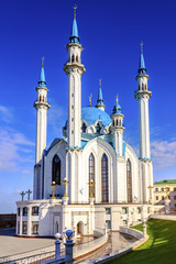 Fototapeta na wymiar The Qolşärif (Kul-Sharif) Mosque view. Kazan Kremlin, Tatarstan, Russia. Sunny summer morning.