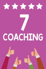 Handwriting text 7 Coaching. Concept meaning Refers to a number of figures regarding business to be succesful Men women hands thumbs up approval five stars information purple background.