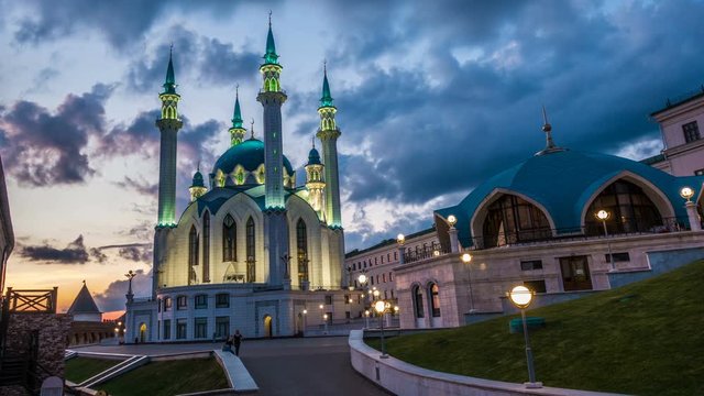 Russia, Republic of Tatarstan, Qul Sharif or Kol Sharif in Kazan Kremlin with night illumination., time lapse,Beautiful Evening Cityscape.