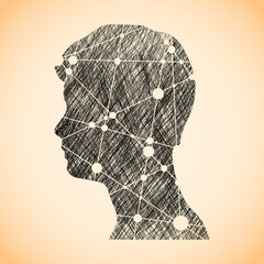 Profile of the head of a man. Mental health relative design template. Scientific medical designs. Molecule And Communication Background. Connected lines with dots.. Ink sketch effect