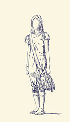 Fototapeta na wymiar Attractive fashionable teen girl outdoors with bag. Hand drawn illustration