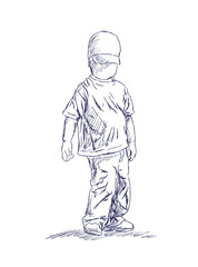 A cute little boy stand. Summer season. Hand drawn illustration