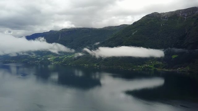 View to Fjord and water from drone on air Norway