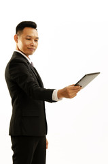 Asian Business man hand holding tablet and giving toward of Isolated on white backgrounds