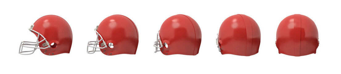 3d rendering set of American football helmets in red color isolated on white background.