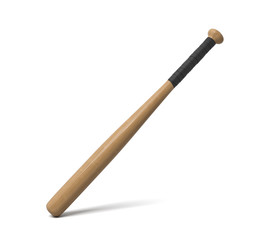 3d rendering of a single wooden baseball bat with a wrapped handle standing on a white background.