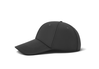 3d rendering of a single new baseball cap made in black textile material lying on a white background.