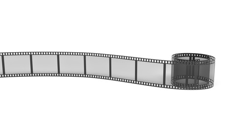 Fototapeta premium 3d rendering of a single film strip arranged in turns and bends on white background.