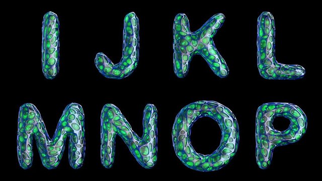 Alphabet from blue plastic with abstract holes isolated on a black background. I J K L M N O P . 4K