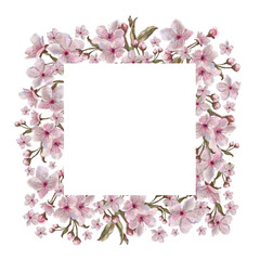 Pink Flowers Square Template Isolated on White Background. Watercolor Botanical Frame for Announcement, Advertisement, Greeting Card, Invitation, and other Printable Decoration.