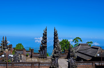 Colorful Balinese landscape with a temple. Temples in Pura Penataran Agung Besakih complex, the mother temple of Bali, Indonesia. Several balinese temples. Travel and ancient architecture background.
