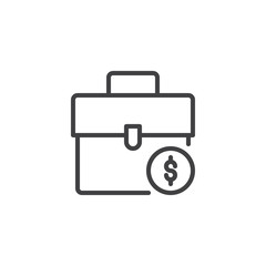 Briefcase and dollar coin outline icon. linear style sign for mobile concept and web design. Suitcase with Money simple line vector icon. Symbol, logo illustration. Pixel perfect vector graphics