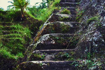 Beautiful view of ancient stone carving of temple on Bali island. Gunung Kawi Temple and Candi in jungle at Bali, Indonesia. Old temples in the jungle. Ancient temple ruins. Carved in stone temple.