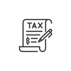 Tax contract signature outline icon. linear style sign for mobile concept and web design. tax document and pen simple line vector icon. Symbol, logo illustration. Pixel perfect vector graphics