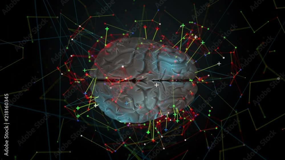 Poster 3d render of brain with bright and lighted up zones. surface of brain is highlighted with different 