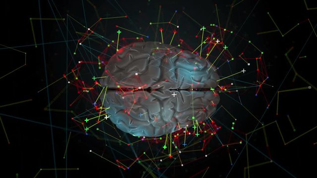 3d render of brain with bright and lighted up zones. Surface of brain is highlighted with different colors. Particles are flowing around brain and fly from its inside to outside. Loopable sequence.
