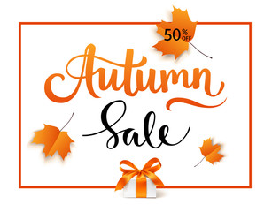 Autumn Sale template design. Lettering with gift box and red maple leaves.Vector illustration