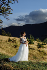 Fototapeta na wymiar Bride in the mountains. The concept of lifestyle and wedding.