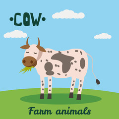 Cute Caw farm animal character, farm animals, vector illustration on field background. Cartoon style, isolated