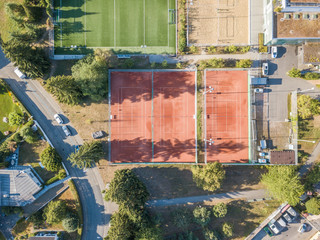 Aerial view of tennis court in Switzerland, Europe
