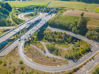 Aerial view of highway bridge and tunnel entrance in Switzerland, Europe