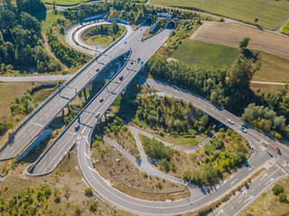 Aerial view of highway bridge and tunnel entrance in Switzerland, Europe