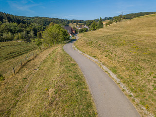 Aerial view of road through rural area in Switzerland