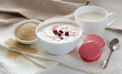 macaroon, porridge of amaranth  and yogurt, healthy breakfast
