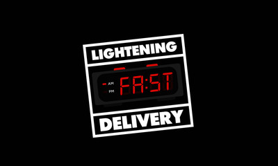 Lightening Fast Delivery Written on a Retro Alarm Clock in Digital Font Sticker Line Flat Style Vector Illustration Concept