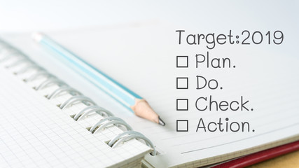 notebook paper close up view. target of year 2019 concept