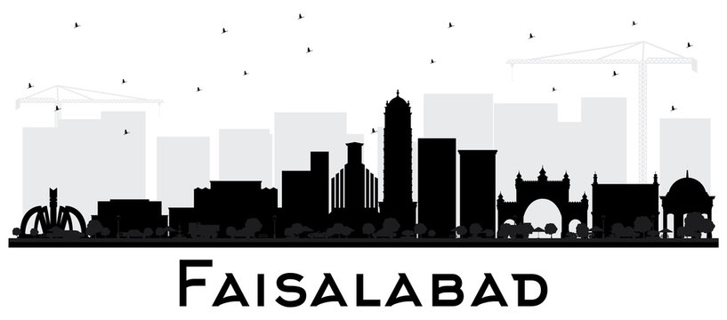 Faisalabad Pakistan City Skyline Silhouette with Black Buildings Isolated on White.