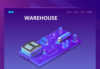 Vector 3d isometric site template with warehouse, tracking system. Site with buttons in ultraviolet colors. Purple portal background with truck for shipping and storage. Commercial logistic service.
