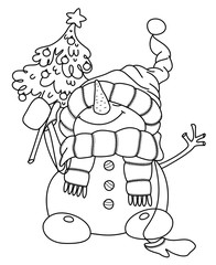 Vector happy snowman cartoon, holding Christmas tree, black  silhouette isolated on white for coloring.
