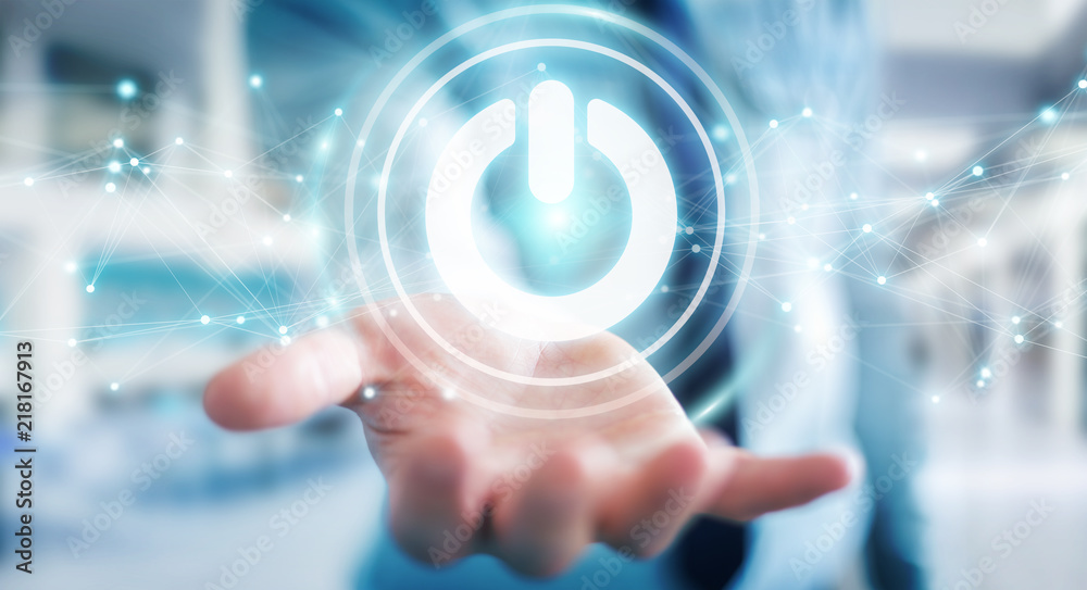 Aufkleber Businessman using 3D render power button with connections