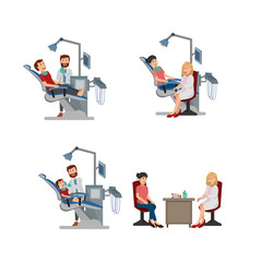 Set of Dental Clinic, Dentist Check Patient. Hospital, Medical. Flat Vector Illustration